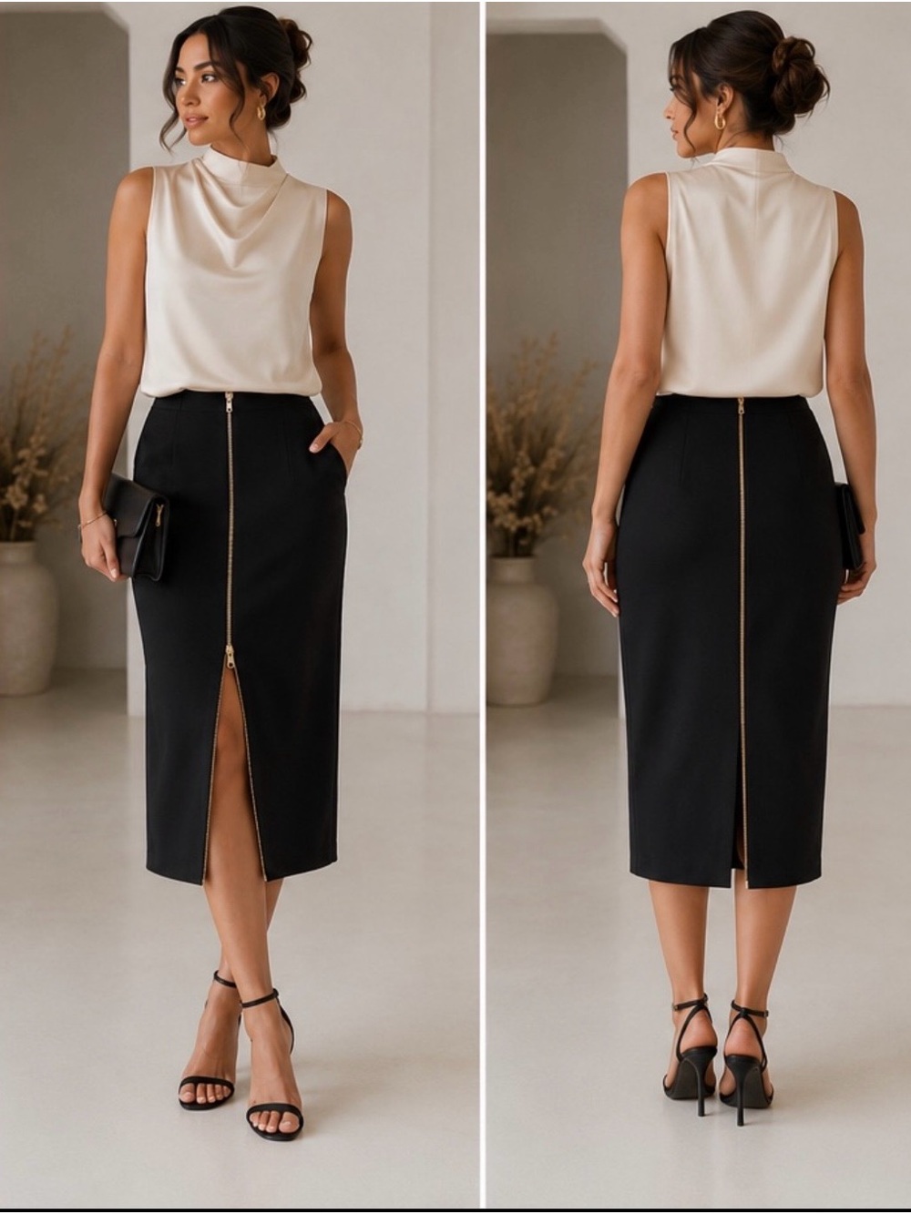 Black Midi Pencil Skirt with Zipper